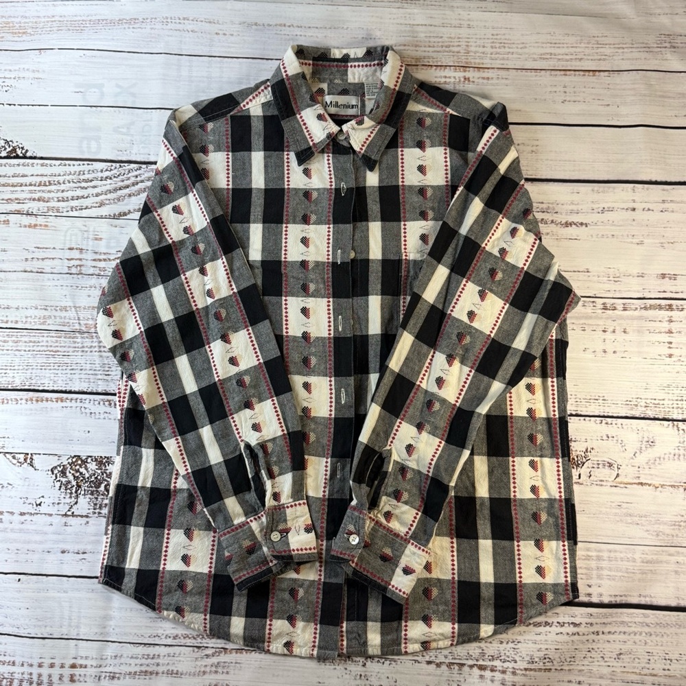 Millennium Women's Embroidered Black and Cream Plaid Button Down Shirt